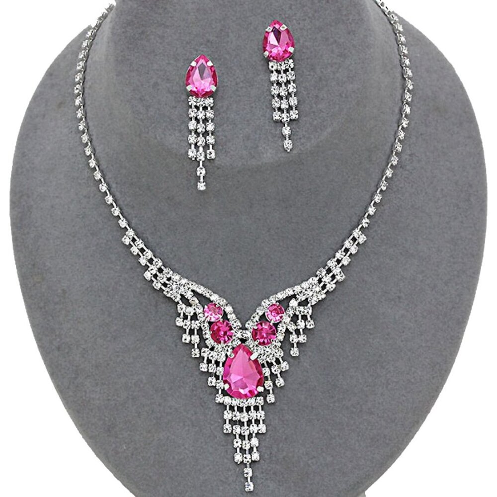 Pink Silver Crystal Rhinestone Necklace Set Teardrop Prom Wedding Formal